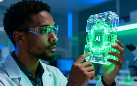 Dr. Noah Burns, ein KI-Forscher, betrachtet ein leuchtendes, modulares KI-Bauteil in einem High-Tech-Labor. - Foto: über boerse-global.de