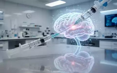 Eine Spritze, die eine Impfung verabreicht, mit einer überlagerten, subtil leuchtenden Gehirngrafik, die Prävention und KI-Diagnostik symbolisiert. - Foto: über boerse-global.de