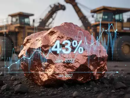 Ein glänzendes Kupfererzstück, das eine digitale Wahrscheinlichkeitsgrafik mit '43%' und 'Jan 2027' widerspiegelt. - Foto: über boerse-global.de