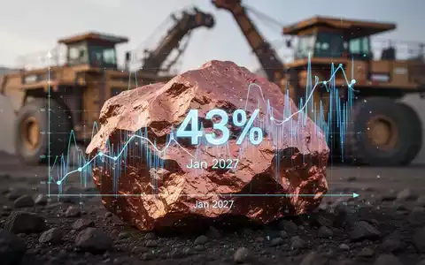 Ein glänzendes Kupfererzstück, das eine digitale Wahrscheinlichkeitsgrafik mit '43%' und 'Jan 2027' widerspiegelt. - Foto: über boerse-global.de