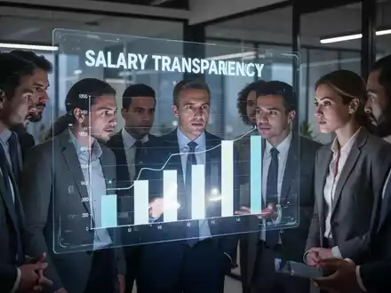 Eine Gruppe von Geschäftsleuten betrachtet einen digitalen Bildschirm mit Gehaltsdaten, der Transparenz und Diskussion symbolisiert. - Foto: über boerse-global.de