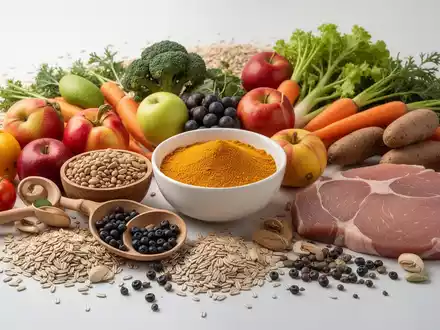 Eine Nahaufnahme einer ästhetisch arrangierten Auswahl an gesunden Lebensmitteln wie Obst, Gemüse, Vollkornprodukten und magerem Eiweiß. - Foto: über boerse-global.de