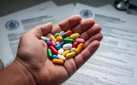 Eine Hand hält bunte Vitamintabletten, im verschwommenen Hintergrund sind medizinische Dokumente oder ein Arztzimmer zu sehen. - Foto: über boerse-global.de