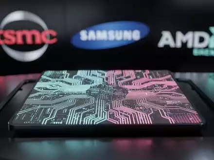 Ein futuristischer Mikrochip mit leuchtenden Schaltkreisen vor verschwommenen Logos von TSMC, Samsung, BYD und AMD. - Foto: über boerse-global.de
