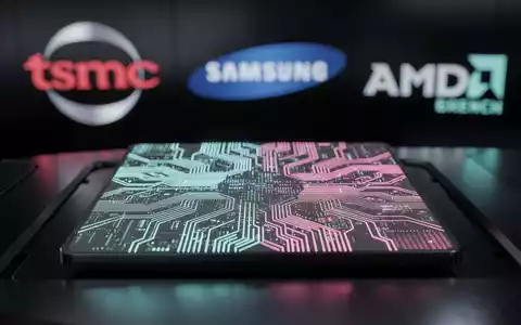Ein futuristischer Mikrochip mit leuchtenden Schaltkreisen vor verschwommenen Logos von TSMC, Samsung, BYD und AMD. - Foto: über boerse-global.de
