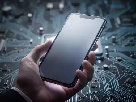 A sleek, modern smartphone, glowing with a soft light, held in a hand against a subtly blurred backdrop of circuit boards. - Foto: über boerse-global.de