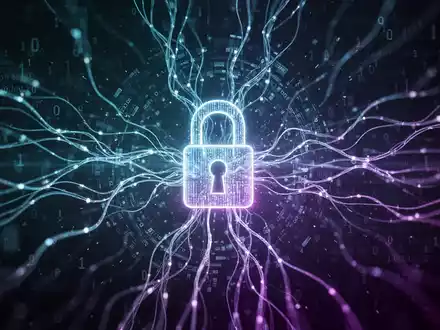 Abstrakte Darstellung von Cybersicherheit und KI: Leuchtende neuronale Netzlinien treffen auf ein digitales Schloss-Symbol, umgeben von Binärcode und Datenströmen. - Foto: über boerse-global.de