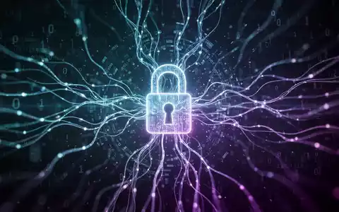 Abstrakte Darstellung von Cybersicherheit und KI: Leuchtende neuronale Netzlinien treffen auf ein digitales Schloss-Symbol, umgeben von Binärcode und Datenströmen. - Foto: über boerse-global.de
