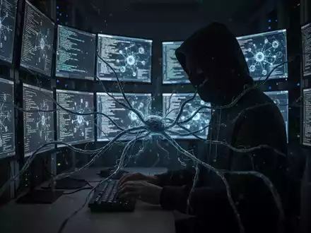 Eine dunkle Gestalt in einem Serverraum, die im Licht von Computerbildschirmen arbeitet, umgeben von digitalen Ranken, die Malware darstellen. - Foto: über boerse-global.de
