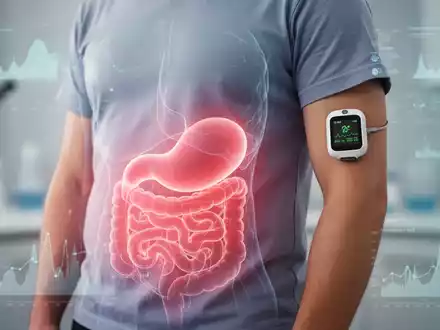 Nahaufnahme des Bauches einer Person mit einer abstrakten Darstellung von viszeralem Fett und einem CGM-Gerät am Arm. - Foto: über boerse-global.de