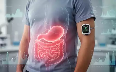 Nahaufnahme des Bauches einer Person mit einer abstrakten Darstellung von viszeralem Fett und einem CGM-Gerät am Arm. - Foto: über boerse-global.de
