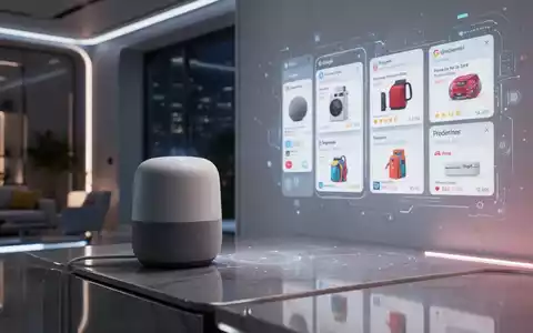 A Google Gemini smart speaker in a modern home, with digital shopping interfaces projected on a wall, symbolizing AI commerce and home automation. - Foto: über boerse-global.de