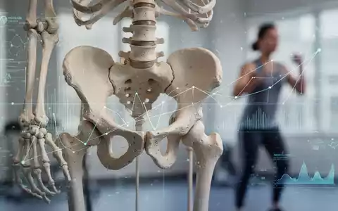 Nahaufnahme eines menschlichen Skelettmodells, Fokus auf die Hüfte, mit digitalen Datenüberlagerungen und einer verschwommenen Person, die im Hintergrund trainiert. - Foto: über boerse-global.de
