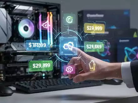 A hand interacts with a holographic interface showing software icons and price tags, with blurred PC components in the background. - Foto: über boerse-global.de