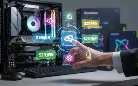 A hand interacts with a holographic interface showing software icons and price tags, with blurred PC components in the background. - Foto: über boerse-global.de