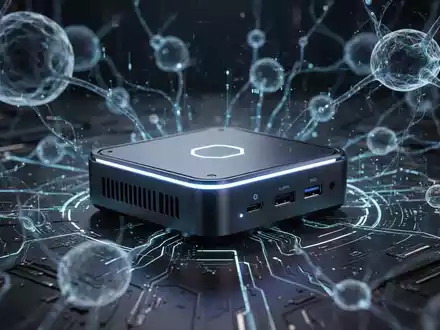 A futuristic mini PC with blue light, surrounded by abstract digital neural network patterns, symbolizing local AI processing. - Foto: über boerse-global.de