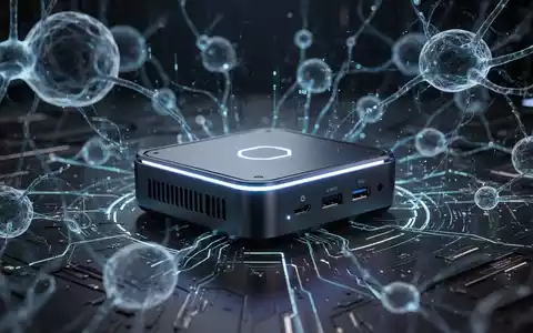 A futuristic mini PC with blue light, surrounded by abstract digital neural network patterns, symbolizing local AI processing. - Foto: über boerse-global.de