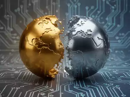 Zwei metallische Kugelhälften, gold und silber, verschmelzen über einer digitalen Leiterplatte, symbolisierend eine Unternehmensfusion. - Foto: über boerse-global.de
