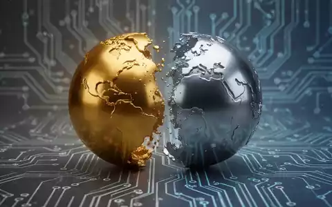 Zwei metallische Kugelhälften, gold und silber, verschmelzen über einer digitalen Leiterplatte, symbolisierend eine Unternehmensfusion. - Foto: über boerse-global.de