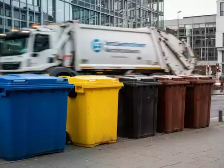 Eine Reihe von Mülltonnen in verschiedenen Farben steht auf einem Bürgersteig in einer deutschen Stadt, mit einem Müllwagen im Hintergrund. - Foto: über boerse-global.de