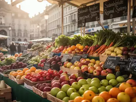 Ein Marktstand in Genf, Schweiz, voller frischer regionaler Produkte, mit unscharfer Stadtarchitektur im Hintergrund. - Foto: über boerse-global.de