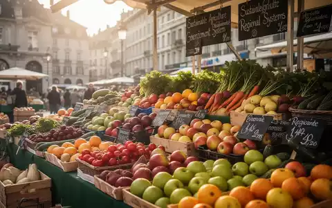 Ein Marktstand in Genf, Schweiz, voller frischer regionaler Produkte, mit unscharfer Stadtarchitektur im Hintergrund. - Foto: über boerse-global.de