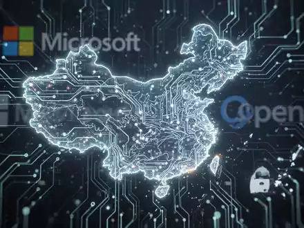 A glowing, abstract neural network design with faint outlines of China and Singapore, symbolizing data flow and AI integration. - Foto: über boerse-global.de