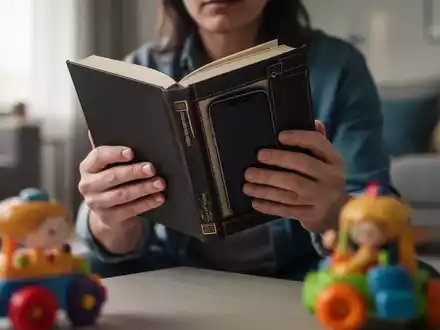 Hände eines Erwachsenen halten ein Buch, in dem ein Smartphone versteckt ist, mit einem verschwommenen Kinderspielzeug im Vordergrund. - Foto: über boerse-global.de