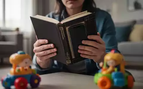 Hände eines Erwachsenen halten ein Buch, in dem ein Smartphone versteckt ist, mit einem verschwommenen Kinderspielzeug im Vordergrund. - Foto: über boerse-global.de