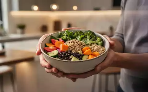 Hände halten eine Schale mit gesunder, bunter Nahrung wie einem Salat, im Hintergrund eine verschwommene Küche. - Foto: über boerse-global.de