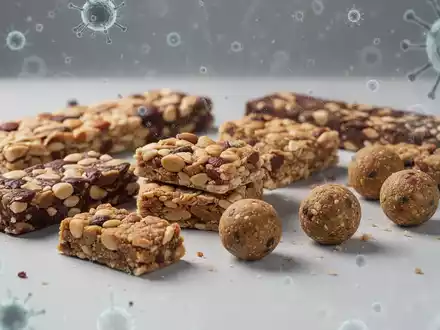 Nahaufnahme verschiedener Snackriegel und Protein-Häppchen auf einer sauberen Oberfläche, teilweise verdeckt von einer stilisierten Schimmelpilzschicht. - Foto: über boerse-global.de