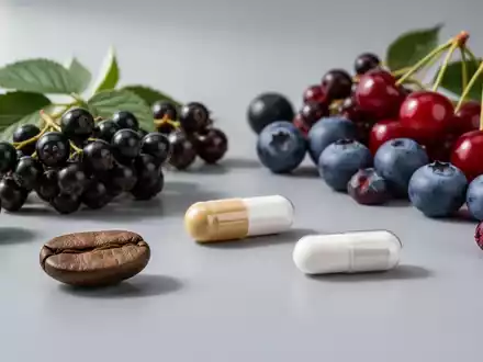 Eine Nahaufnahme von verschiedenen antioxidantienreichen Lebensmitteln wie Beeren, Acerolakirschen, Kaffeebohnen und einer Nahrungsergänzungskapsel. - Foto: über boerse-global.de