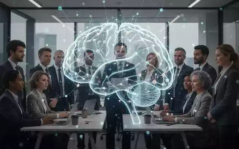 Ein stilisiertes, leuchtendes neuronales Netzwerk über einer Gruppe von Fachkräften in einem modernen Büro. Symbolisiert KI im HR-Recruiting. - Foto: über boerse-global.de