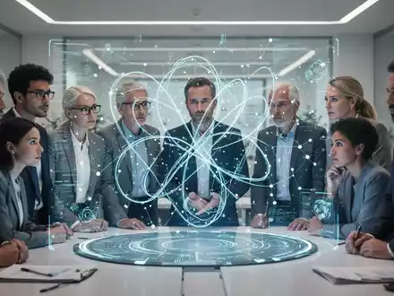 Menschen versammeln sich um eine holografische Anzeige, die KI-Daten und menschliche Interaktion darstellt, symbolisch für die Diskussion über KI-Regeln und Personalbedarf. - Foto: über boerse-global.de