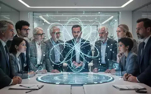 Menschen versammeln sich um eine holografische Anzeige, die KI-Daten und menschliche Interaktion darstellt, symbolisch für die Diskussion über KI-Regeln und Personalbedarf. - Foto: über boerse-global.de