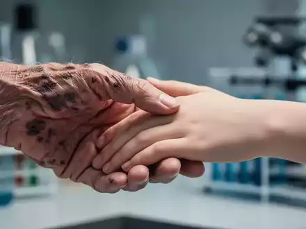 Eine alte, faltige Hand berührt sanft eine junge, glatte Hand, im Hintergrund unscharfe Laborgeräte. - Foto: über boerse-global.de