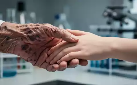 Eine alte, faltige Hand berührt sanft eine junge, glatte Hand, im Hintergrund unscharfe Laborgeräte. - Foto: über boerse-global.de