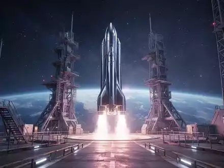 Eine futuristische Rakete auf einer Startrampe vor einem sternenklaren Nachthimmel und einer fernen Erde, symbolisiert Raumfahrttechnologie. - Foto: über boerse-global.de