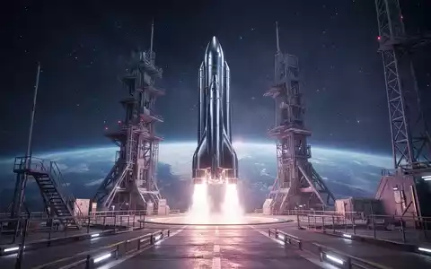 Eine futuristische Rakete auf einer Startrampe vor einem sternenklaren Nachthimmel und einer fernen Erde, symbolisiert Raumfahrttechnologie. - Foto: über boerse-global.de
