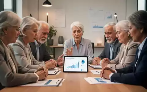 Ältere Personen in einer Finanzberatung, die aufmerksam einem Berater zuhören und Diagramme auf einem Tablet betrachten. - Foto: über boerse-global.de