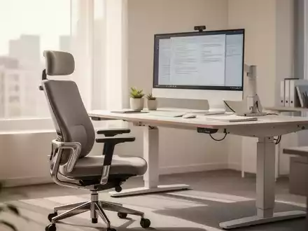 Ein ergonomischer Büroraum mit einem verstellbaren Schreibtisch, einem modernen Bürostuhl und einem Computerbildschirm. - Foto: über boerse-global.de