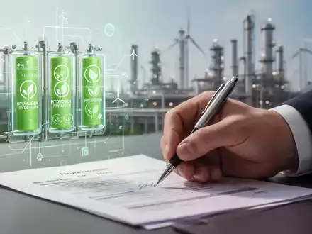 Eine Hand unterschreibt ein Finanzdokument, im Hintergrund verschwommen Wasserstoff-Brennstoffzellen und eine Industrieanlage. - Foto: über boerse-global.de