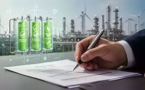 Eine Hand unterschreibt ein Finanzdokument, im Hintergrund verschwommen Wasserstoff-Brennstoffzellen und eine Industrieanlage. - Foto: über boerse-global.de