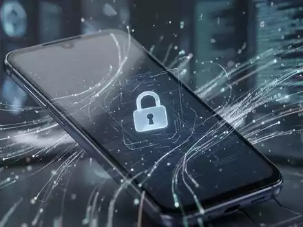 Ein Samsung Galaxy A37 Smartphone zeigt ein digitales Schloss-Symbol, umgeben von fließenden Datenlinien. Der Hintergrund ist unscharf und futuristisch. - Foto: über boerse-global.de