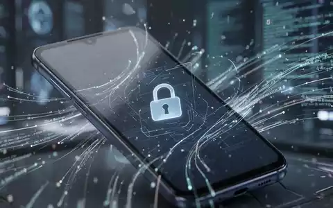 Ein Samsung Galaxy A37 Smartphone zeigt ein digitales Schloss-Symbol, umgeben von fließenden Datenlinien. Der Hintergrund ist unscharf und futuristisch. - Foto: über boerse-global.de