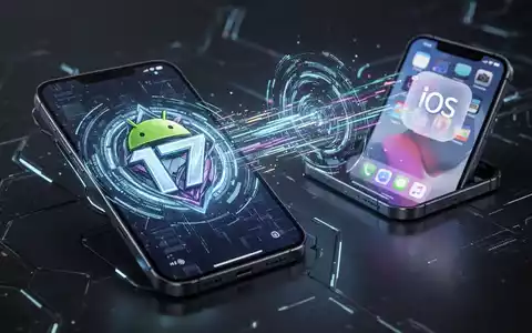 A futuristic Android smartphone wirelessly transferring data to an iPhone, symbolizing the new Android 17 Switch app functionality. - Foto: über boerse-global.de