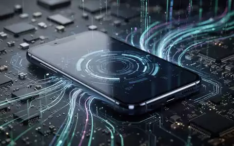 A futuristic smartphone with glowing edges, surrounded by abstract digital data and microchips, illustrating technology and supply chain issues. - Foto: über boerse-global.de
