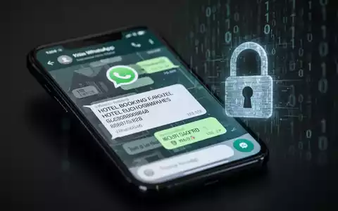 Ein Smartphone zeigt eine betrügerische WhatsApp-Nachricht mit Hotelbuchungsdetails, umgeben von einem dunklen, bedrohlichen Ambiente. - Foto: über boerse-global.de