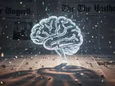 A glowing, fragmented AI chatbot icon casts shadows over blurred news headlines, symbolizing misinformation and digital uncertainty. - Foto: über boerse-global.de