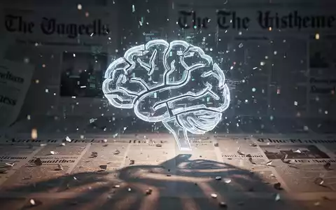 A glowing, fragmented AI chatbot icon casts shadows over blurred news headlines, symbolizing misinformation and digital uncertainty. - Foto: über boerse-global.de